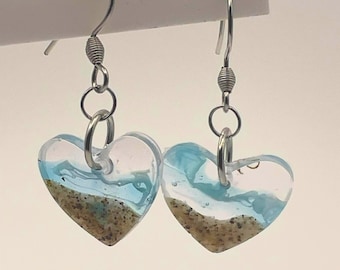 Resin Heart Earrings Pendant, Coastal Beach Sand Theme, Surf Jewellery, Handmade Wales