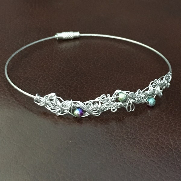 Bangle Bracelet - Handmade silver aluminium wire and rainbow beads, unique unusual original, Locketmaid Jewellery from Wales