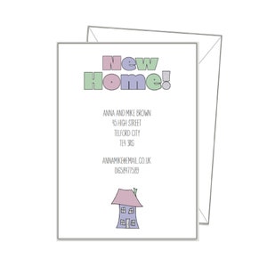 TARJETAS DE CAMBIO DE DOMICILIO, x10 mudanza a casa, mudanza personalizada, 6 diseños a elegir, letras postal A6, lila