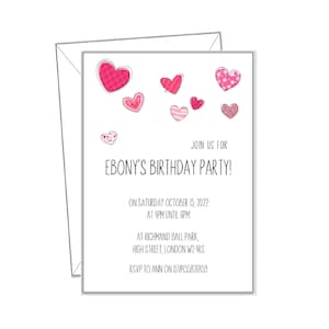 UITNODIGING / bedankkaart gepersonaliseerd, HARTEN, 10 uitnodigingen + enveloppen, elk bericht of blanco, meisjes roze rood verjaardagsfeestje