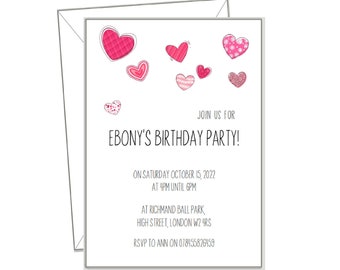 INVITATION / Thank you Card Personalised, HEARTS  , 10 invites + envelopes, any message or blank, girls pink red Birthday Party