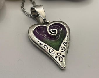 Resin Heart Pendant Necklace, Purple Green Silver, Stainless Steel Chain, Handmade Wales