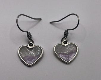 Heart Drop Earrings - handmade lilac and glitter resin, dangle small