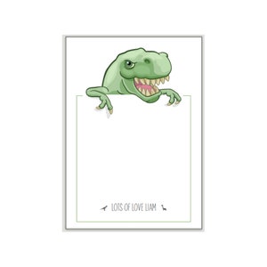 DINOSAUR Personalised NOTECARDS, pk 10 & envelopes, any message or blank, Boys TREX writing paper stationery gift note cards