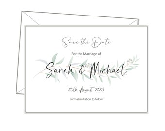 SAVE THE DATE Budget Wedding, pk 10 Cards, Eucalyptus Leaves, Personalised Customisable, Invites engagement