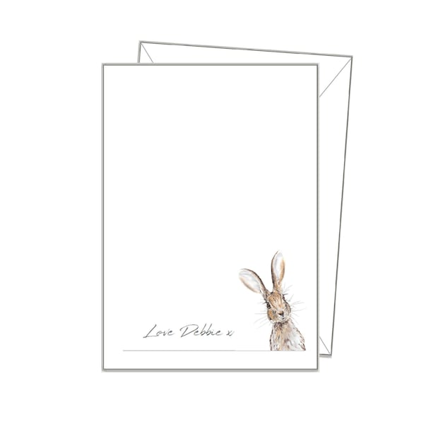 HARE WRITING PAPER, x14 Personalised notepaper, stationery gift set, A4 A5 or A6, blank or lined letters & envelopes, notelets, sn08 rabbit