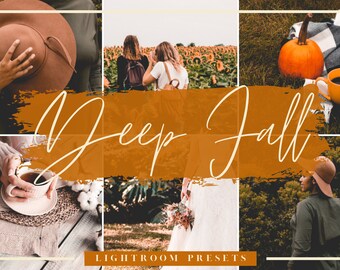 Op de afbeelding: Een collage van afbeeldingen met herfstthema's. De afbeeldingen tonen een vrouw met een hoed, een stel dat door een zonnebloemenveld loopt, een pompoen, een kopje koffie, een vrouw die een kopje koffie vasthoudt, een vrouw in een witte jurk en een vrouw met een hoed en een groene jas. De tekst "Deep Fall" is geschreven in witte cursieve letters op een bruine achtergrond.