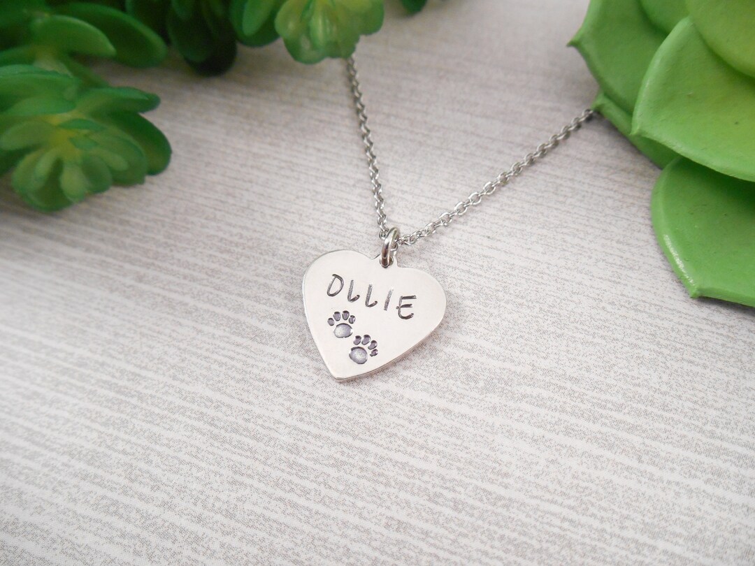 Pet Name Necklace Custom Pet Name Hand Stamped Heart Necklace Etsy Canada
