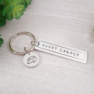Happy Camper Keychain - "Happy Camper" Hand Stamped Aluminum Key Chain