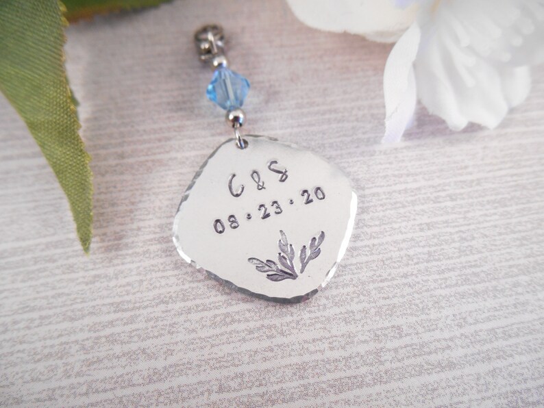 Custom Hand Stamped /& Hammered Edge Aluminum Bridal Wedding Bouquet Charm Something Blue Bouquet Charm