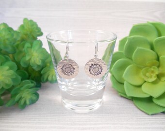 Stamped Sunflower Earrings - Small Hammered & Hand Stamped Sunflower Alkeme Disc Earrings