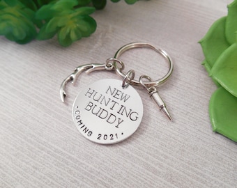 Pregnancy Announcement Keychain - Custom "New Hunting Buddy Coming" Hand Stamped Aluminum Key Chain