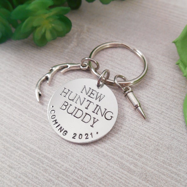 Pregnancy Announcement Keychain - Small Custom "New Hunting Buddy Coming" Hand Stamped Aluminum Key Chain