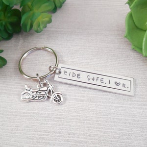 Ride Safe Keychain - Motorcycle "Ride Safe. I Love U." Hand Stamped Aluminum Key Chain