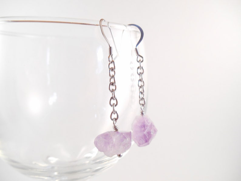 Raw Amethyst Earrings Raw Amethyst Chunk Stainless Steel Dangle Earrings