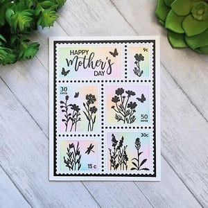Carte de fête des mères - « Joyeuse fête des mères » mélange d'encre pastel arc-en-ciel avec timbres silhouette florale carte de voeux vierge
