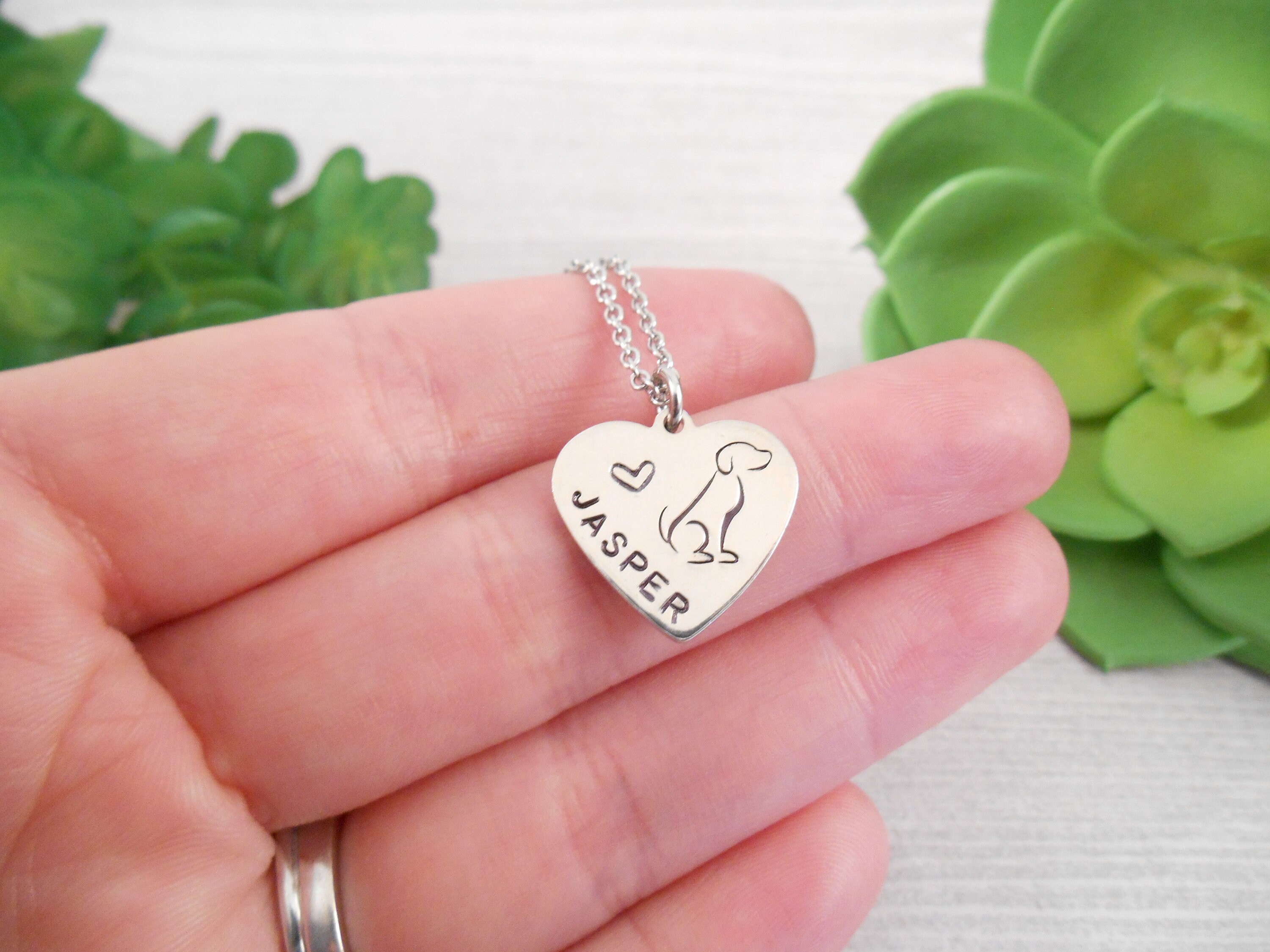 Dog Name Necklace Custom Hand Stamped Dog Name Alkeme Heart Etsy Canada
