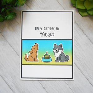 Carte d'anniversaire pour chien - Carte de voeux d'anniversaire vierge « Joyeux anniversaire à Yoooou », chiens mignons avec gâteau