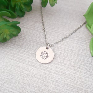 Stamped Sunflower Necklace - Small Hand Stamped Sunflower Alkeme Disc Necklace