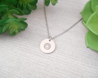 Stamped Sunflower Necklace - Small Hand Stamped Sunflower Alkeme Disc Necklace