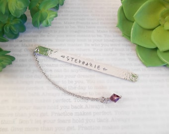 Custom Name Bookmark - Small Custom Hammered and Hand Stamped Name & Crystal Birthstone Bead Bookmark