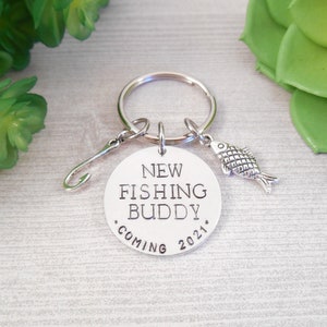 Pregnancy Announcement Keychain - Small Custom "New Fishing Buddy Coming" Hand Stamped Aluminum Key Chain