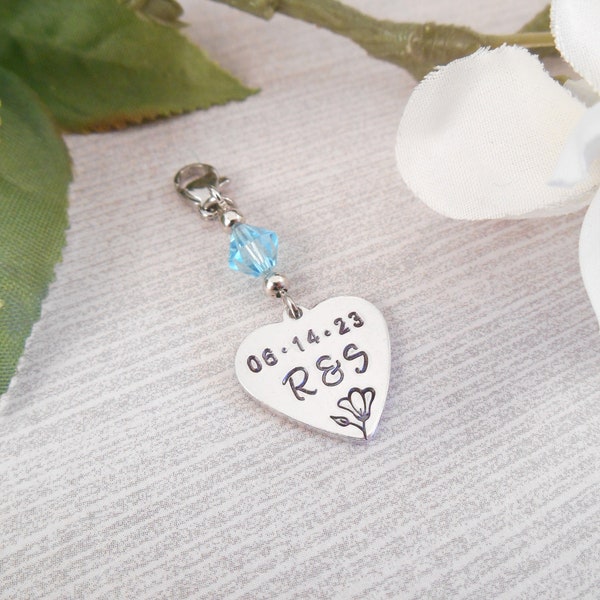 Something Blue Bouquet Charm - Custom Hand Stamped Aluminum Bridal Wedding Bouquet Heart Charm