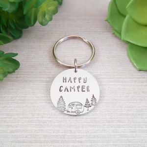 Happy Camper Gift - Small "Happy Camper" Hand Stamped Aluminum Key Chain
