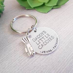 Dad Golf Keychain - Custom "Daddy's Little Caddies" Hand Stamped Matte Aluminum Key Chain