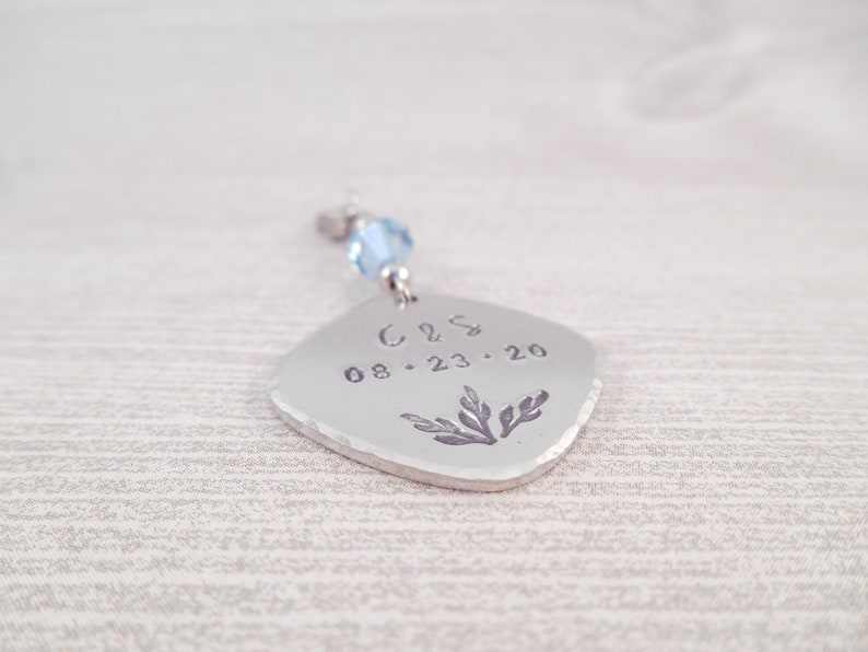 Custom Hand Stamped /& Hammered Edge Aluminum Bridal Wedding Bouquet Charm Something Blue Bouquet Charm