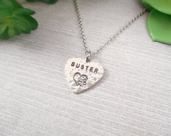 Pet Name Necklace - Small Custom Hammered & Hand Stamped Pet Name Alkeme Heart Necklace