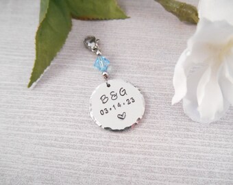 Something Blue Bouquet Charm - Custom Hand Stamped & Hammered Edge Aluminum Bridal Wedding Bouquet Charm with Heart