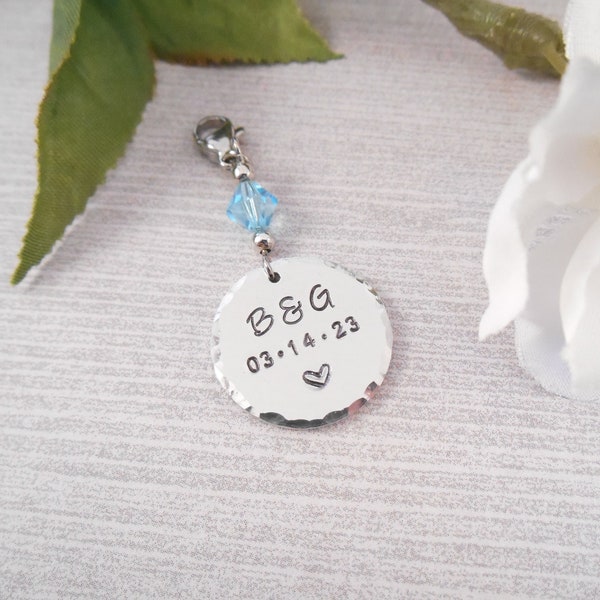 Something Blue Bouquet Charm - Custom Hand Stamped & Hammered Edge Aluminum Bridal Wedding Bouquet Charm with Heart