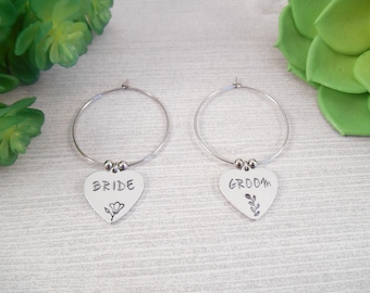 Wedding Wine Charms - Small "Bride & Groom" Hand Stamped Aluminum Heart Wine Charms