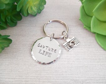 Small Camera Keychain - Small "Capture Life" Hand Stamped Aluminum Camera Key Chain