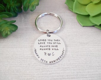 Porte-clés d'anniversaire personnalisé - Porte-clés personnalisé en aluminium estampé à la main « Je vous aime, puis je vous aimerai toujours »