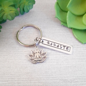 Namaste Lotus Keychain - Tiny "Namaste" Hand Stamped Aluminum Key Chain