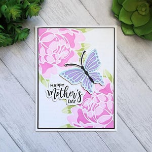 Carte de fête des mères - « Bonne fête des mères » fleurs de dahlia roses au pochoir avec papillon violet et bleu carte de voeux vierge