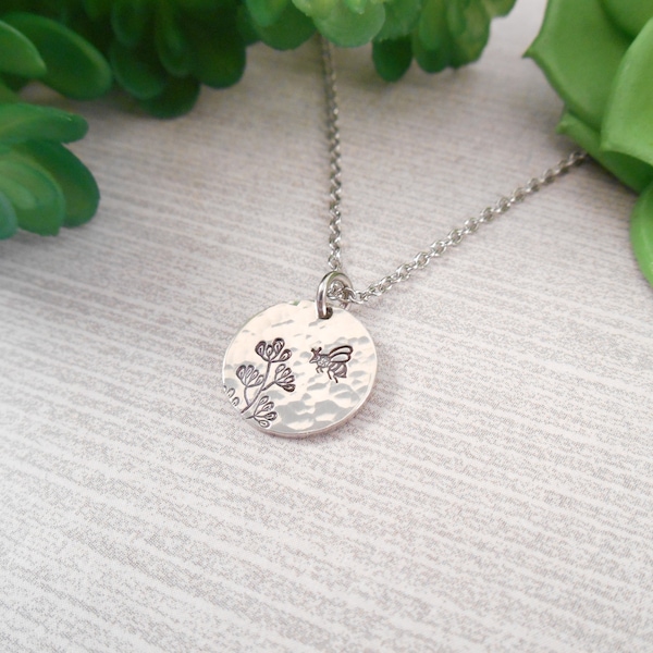 Stamped Bee Necklace - Small Hammered & Hand Stamped Bee and Flowers Alkeme Disc Necklace