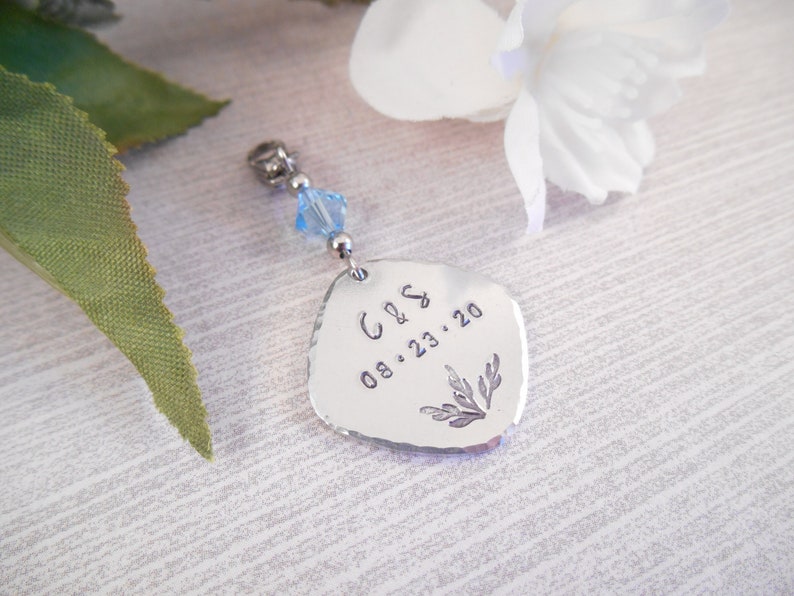 Custom Hand Stamped /& Hammered Edge Aluminum Bridal Wedding Bouquet Charm Something Blue Bouquet Charm