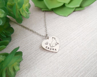 Cat Name Necklace - Custom Hand Stamped Cat Name Alkeme Heart Necklace