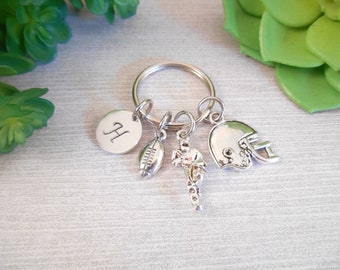 Football Charms Keychain - Small Custom Football Themed Triple Charm & Hand Stamped Initial Charm Key Chain