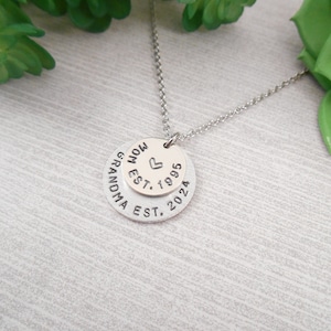 Custom Grandma Necklace - Custom &quot;Mom Est. Grandma Est.&quot; Hand Stamped Layered Alkeme Disc Necklace