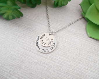 Custom Grandma Necklace - Custom "Mom Est. Grandma Est." Hand Stamped Layered Alkeme Disc Necklace