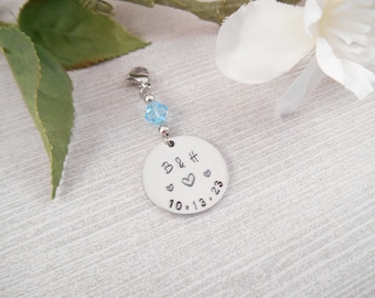 Something Blue Bouquet Charm - Custom Hand Stamped Aluminum Bridal Wedding Bouquet Charm with Hearts