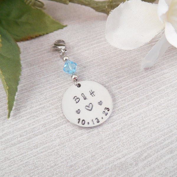 Something Blue Bouquet Charm - Custom Hand Stamped Aluminum Bridal Wedding Bouquet Charm with Hearts
