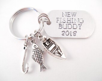 Pregnancy Announcement Key Chain - "New Fishing Buddy" Pregnancy Announcement Custom Year Metal Stamped Aluminum Fishing Key Chain