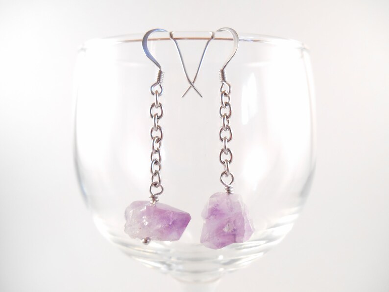Raw Amethyst Earrings Raw Amethyst Chunk Stainless Steel Dangle Earrings