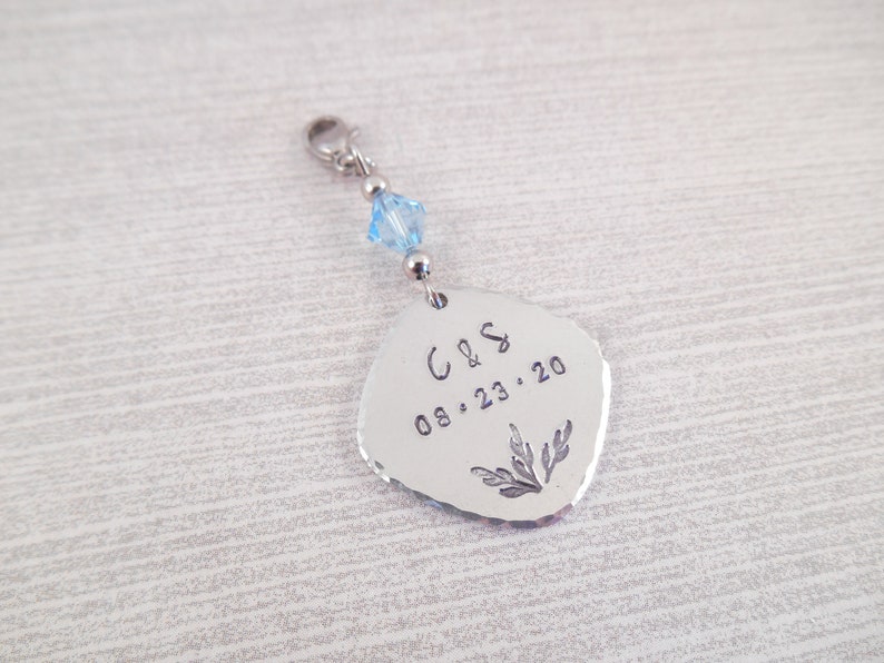 Custom Hand Stamped /& Hammered Edge Aluminum Bridal Wedding Bouquet Charm Something Blue Bouquet Charm