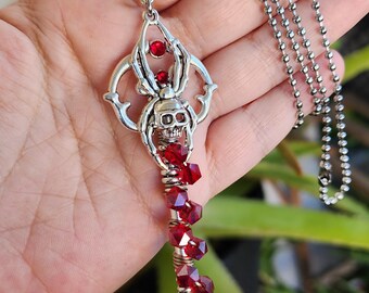 Sparkly Red Skull Spider Key Necklace